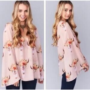 Show Me Your Mumu Size M Western Floral Bull Skull Blouse Bell Sleeve Pink Light
